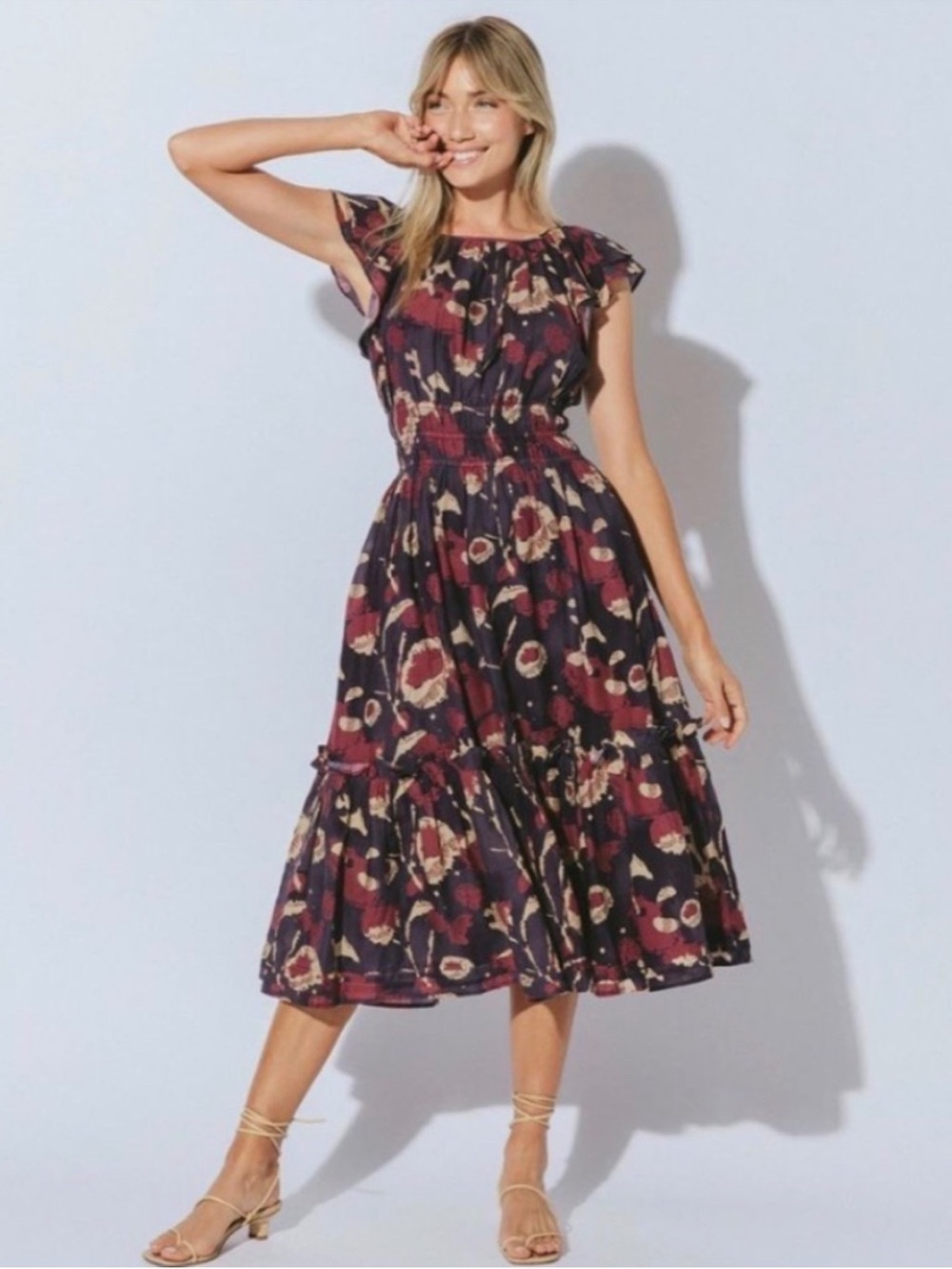 Cleobella Ellison Floral Flutter Sleeve Midi Dress Small